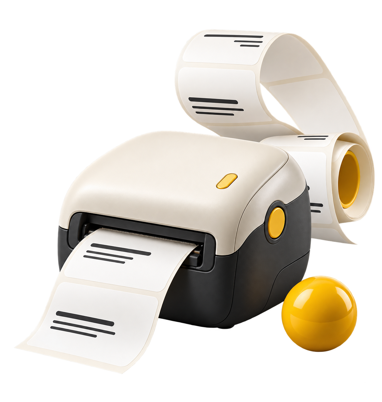Sculptural ivory label printer with a curling paper ribbon and yellow accents